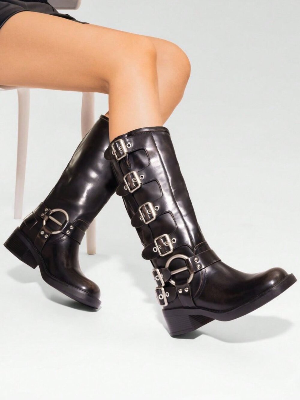 Sexy Women's Slip On Square Toe Chunky Heel Classic Metallic Buckles Motorcycle